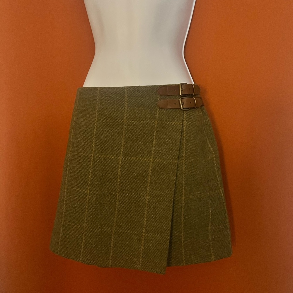 Ralph Lauren Olive Plaid Mini Skirt with Buckle Accents